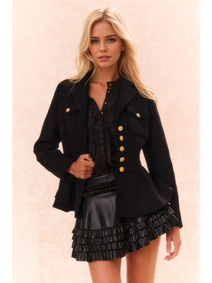 Fitted Peplum Jacket with V-Neck and Gold Buttons