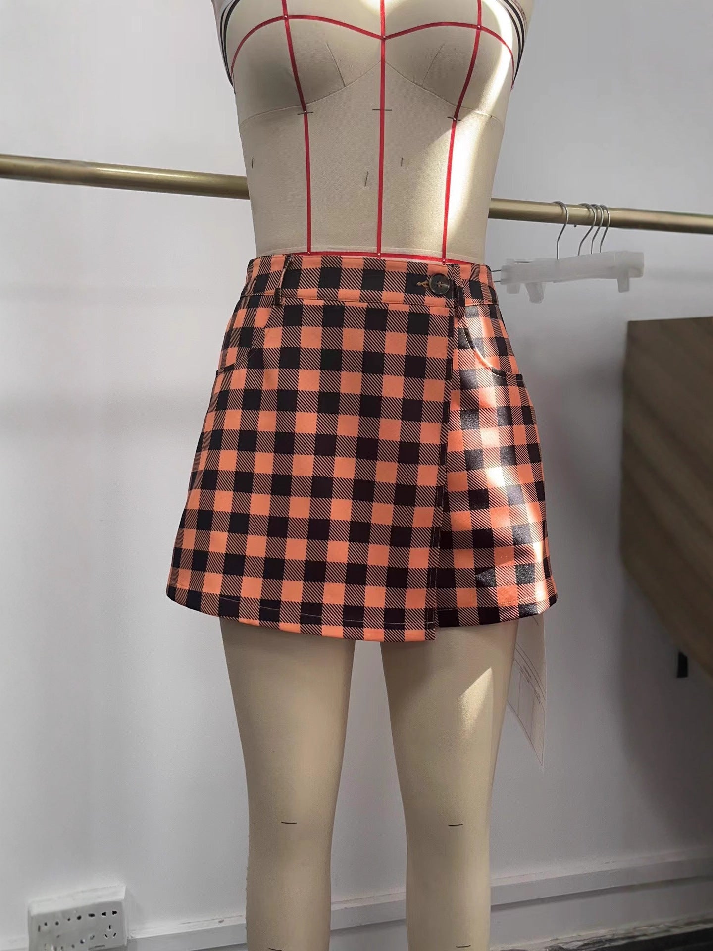 Orange Buffalo Plaid Skort with High-Waist Wrap Front