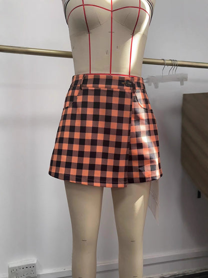 Orange Buffalo Plaid Skort with High-Waist Wrap Front