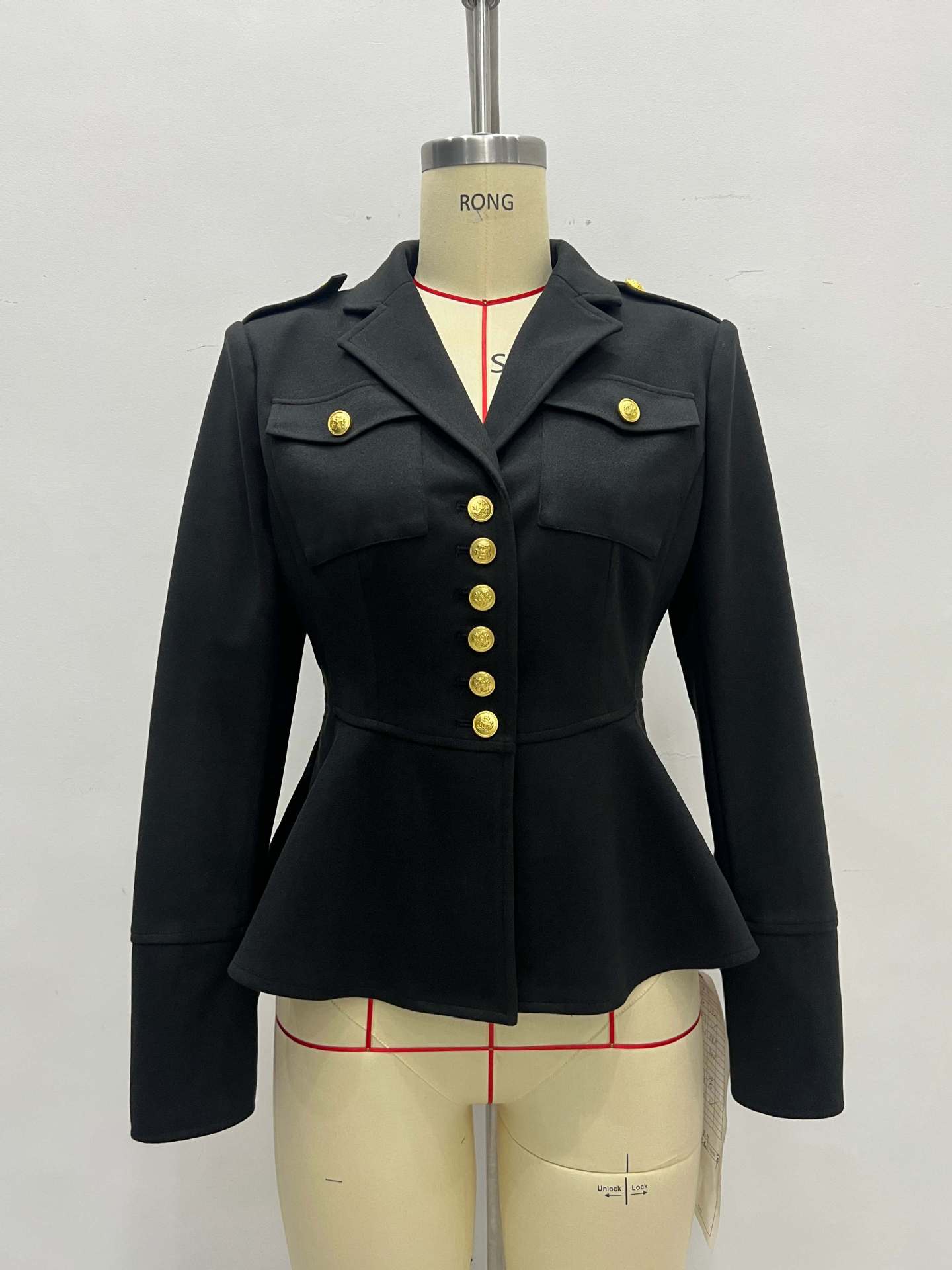 Fitted Peplum Jacket with V-Neck and Gold Buttons