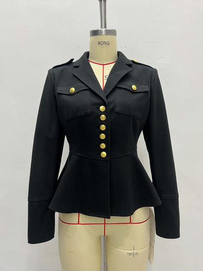 Fitted Peplum Jacket with V-Neck and Gold Buttons