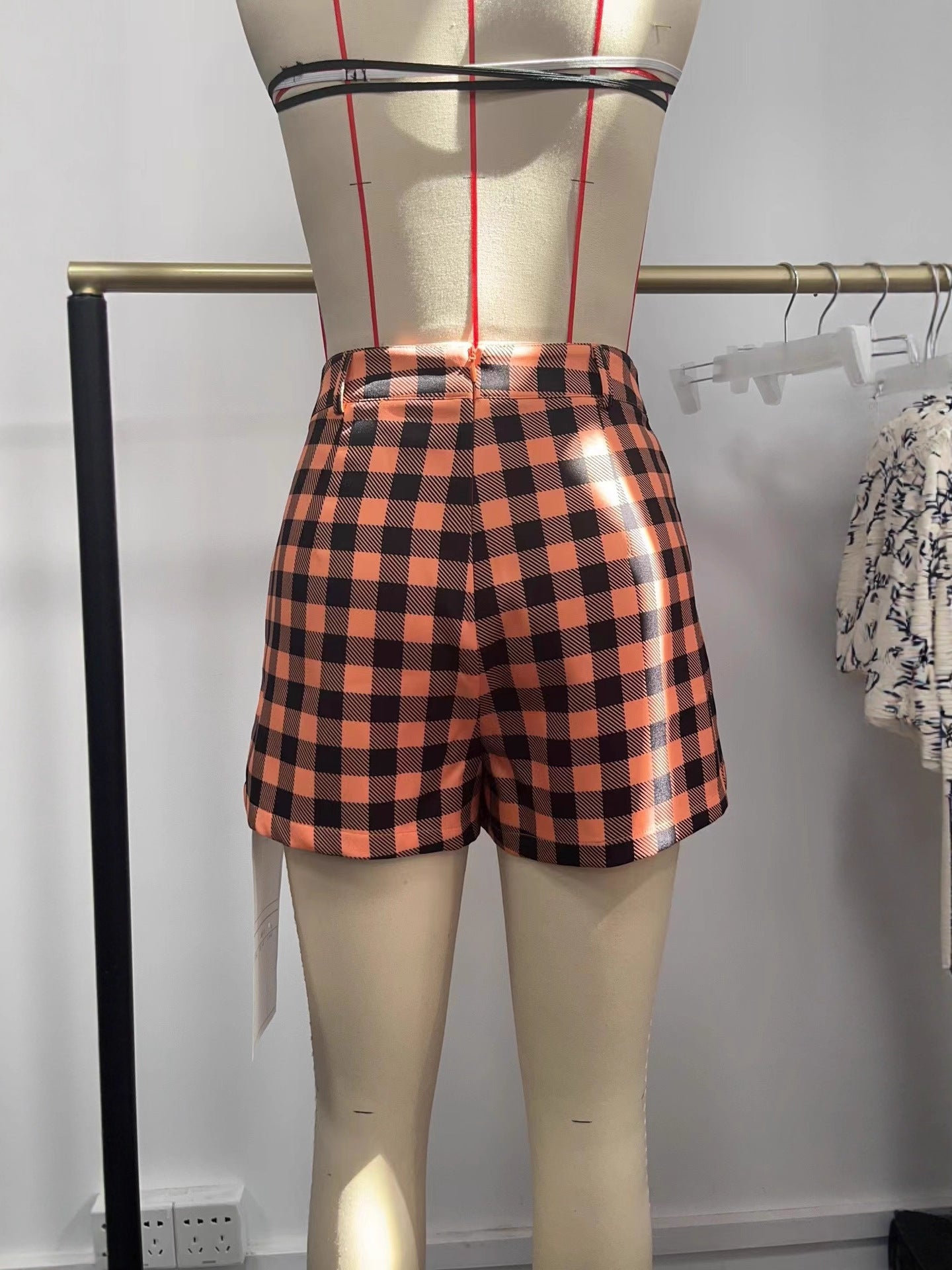 Orange Buffalo Plaid Skort with High-Waist Wrap Front