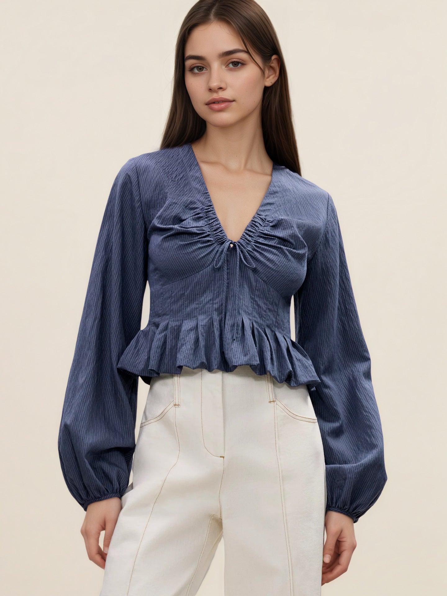 Textured V-Neck Blouse with Drawstring and Ruffled Peplum
