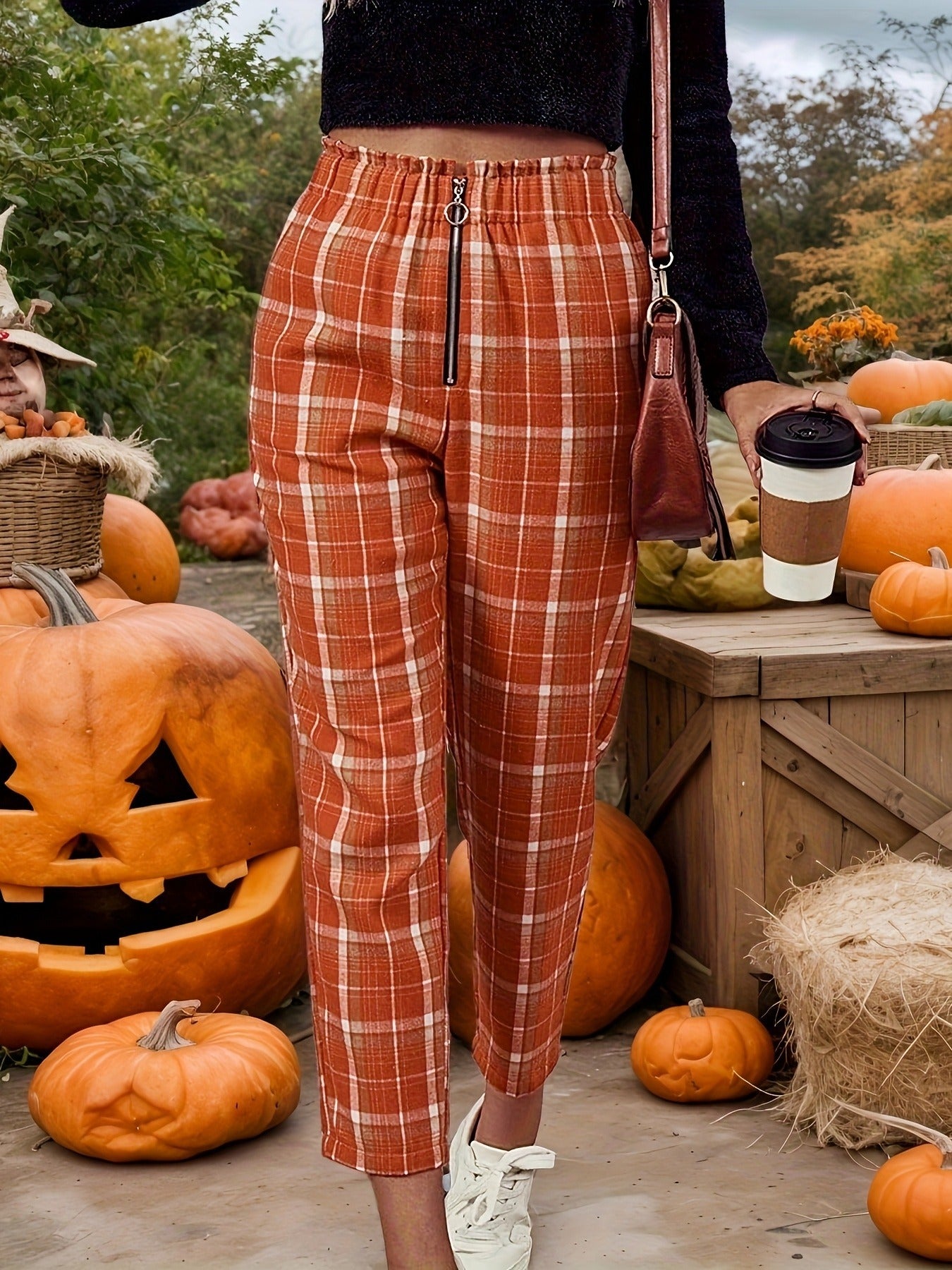Plaid Straight-Leg Cropped Pants with High Elastic Waist