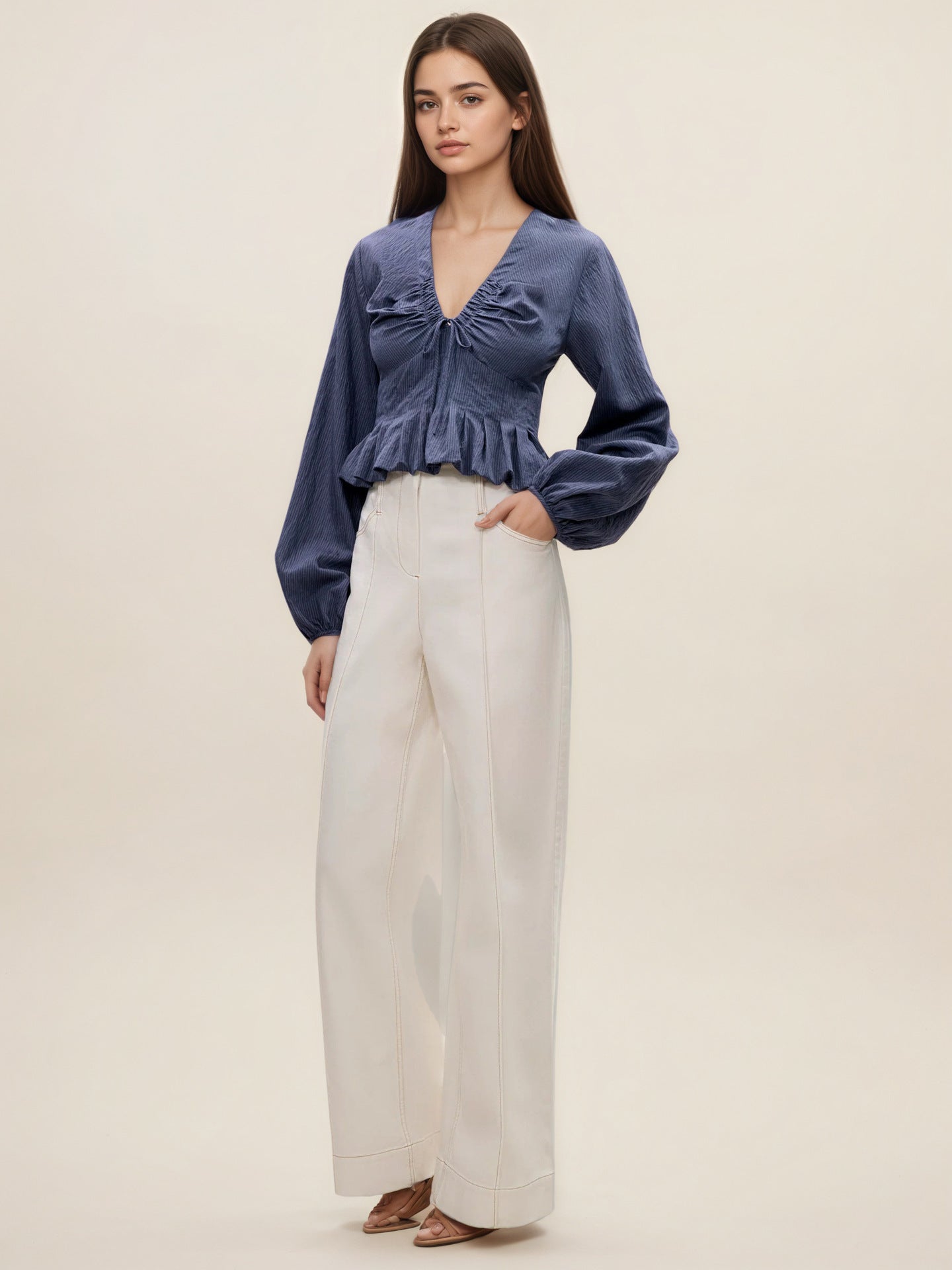 Textured V-Neck Blouse with Drawstring and Ruffled Peplum