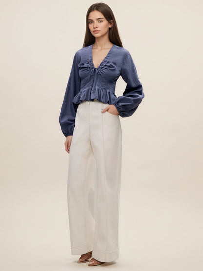 Textured V-Neck Blouse with Drawstring and Ruffled Peplum