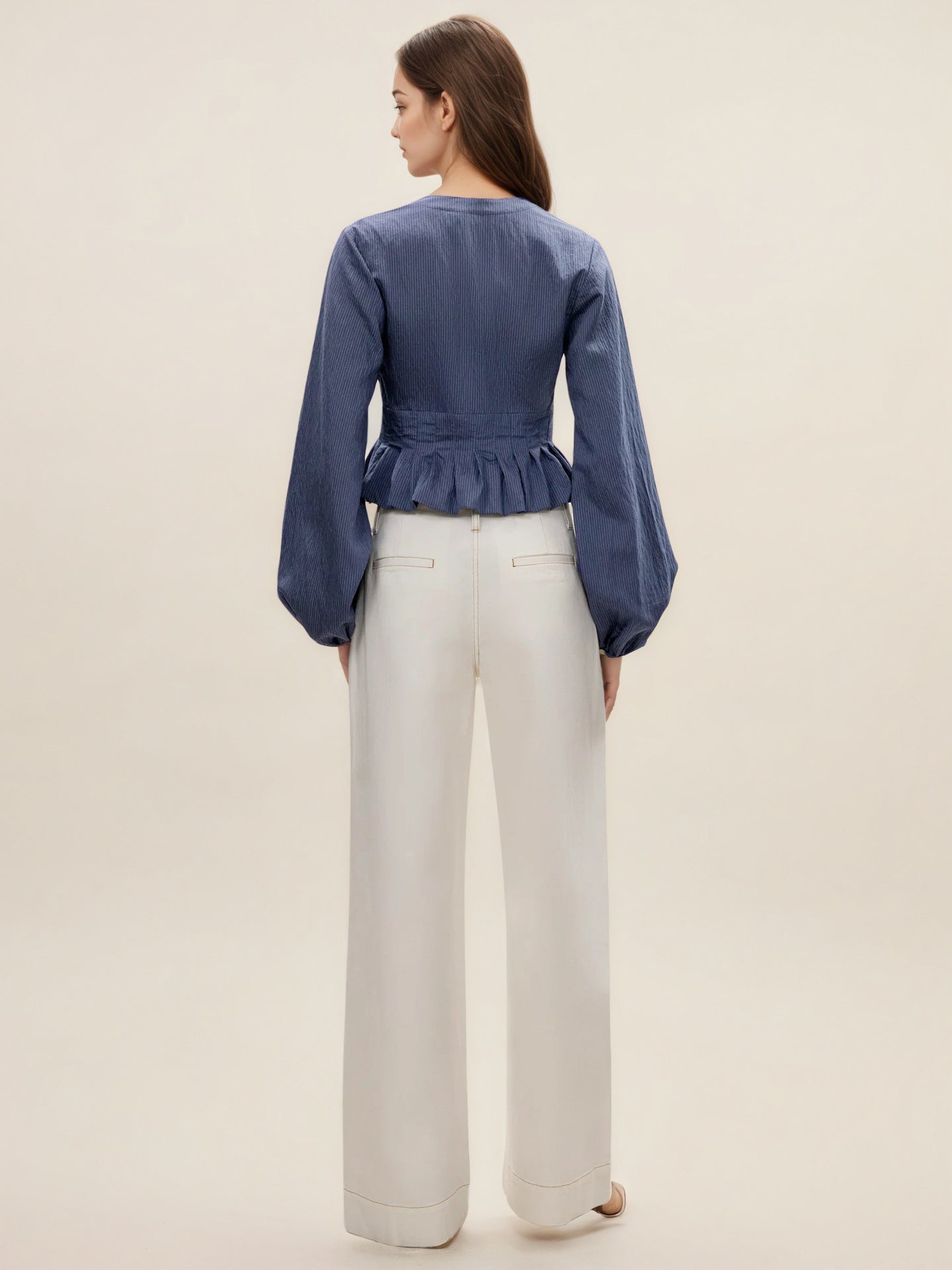 Textured V-Neck Blouse with Drawstring and Ruffled Peplum