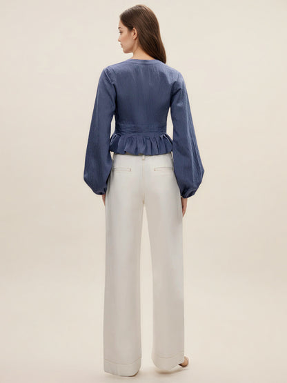 Textured V-Neck Blouse with Drawstring and Ruffled Peplum