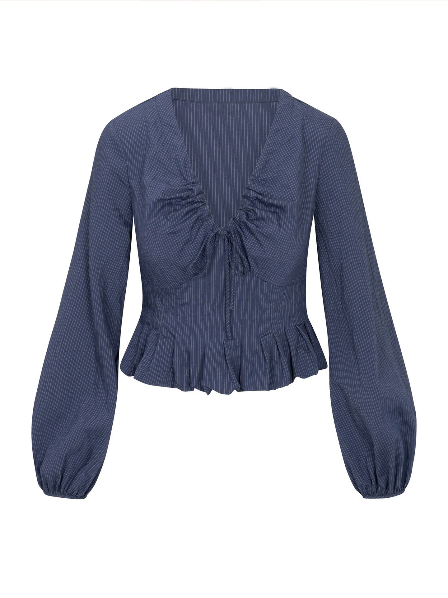 Textured V-Neck Blouse with Drawstring and Ruffled Peplum