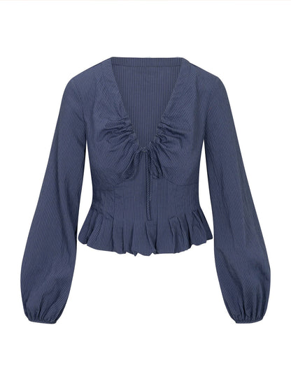 Textured V-Neck Blouse with Drawstring and Ruffled Peplum
