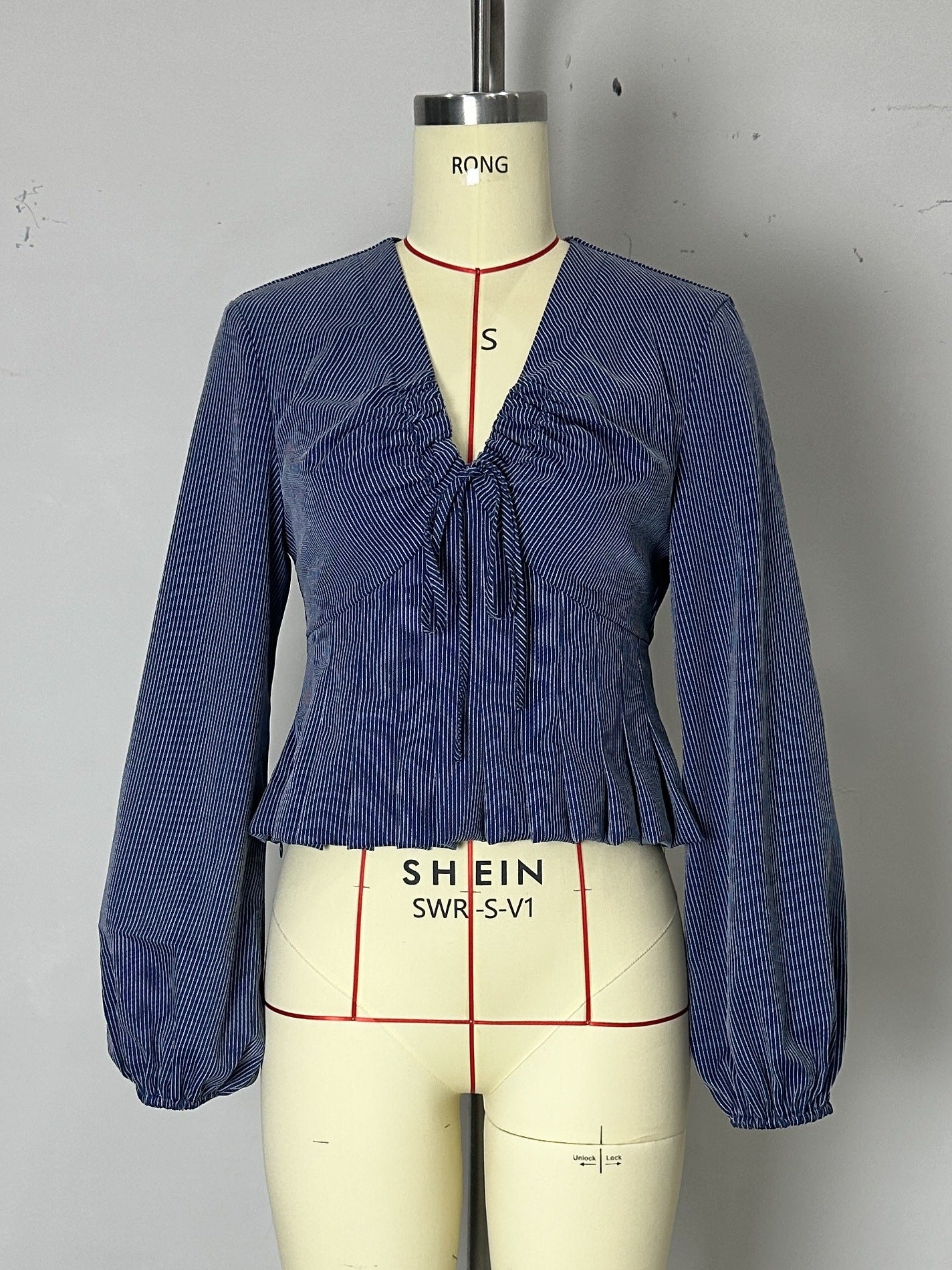 Textured V-Neck Blouse with Drawstring and Ruffled Peplum