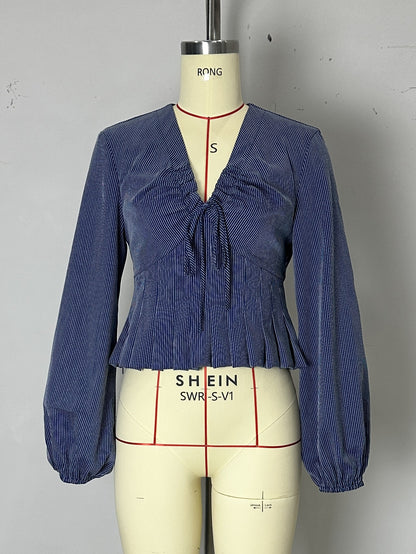 Textured V-Neck Blouse with Drawstring and Ruffled Peplum