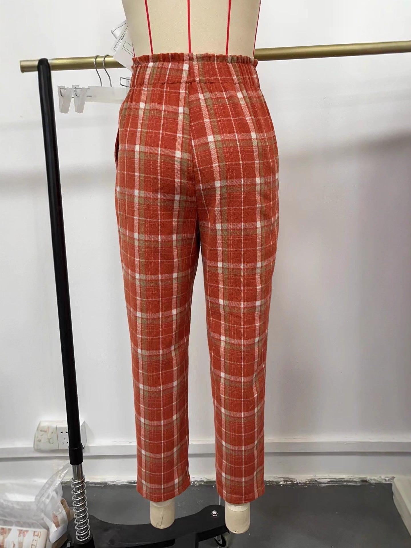 Plaid Straight-Leg Cropped Pants with High Elastic Waist