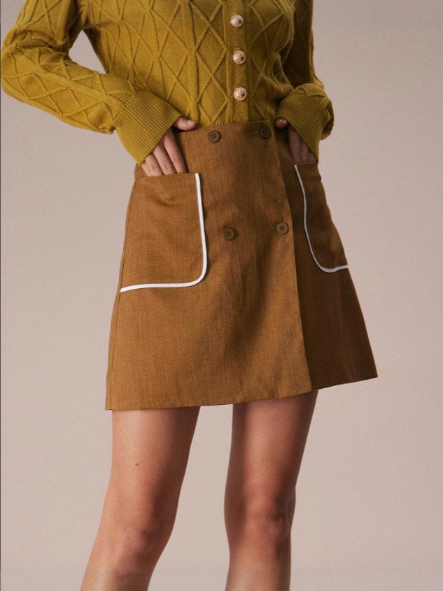 A-Line Mini Skirt with Double-Breasted Buttons and Piped Pockets