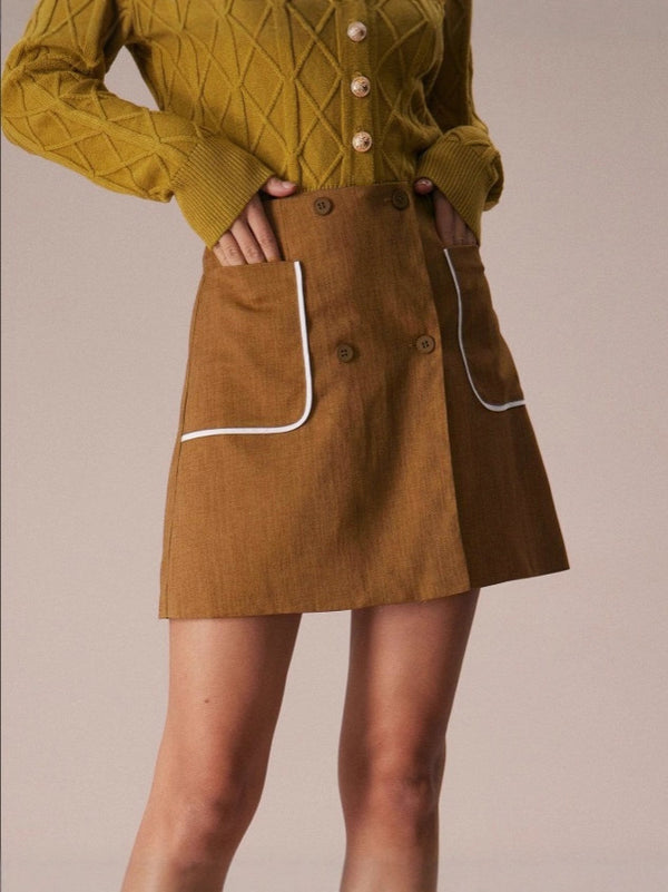 A-Line Mini Skirt with Double-Breasted Buttons and Piped Pockets