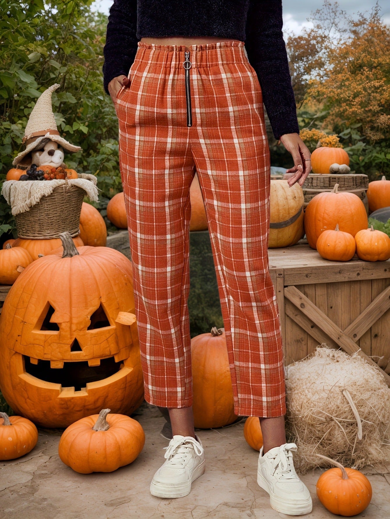 Plaid Straight-Leg Cropped Pants with High Elastic Waist