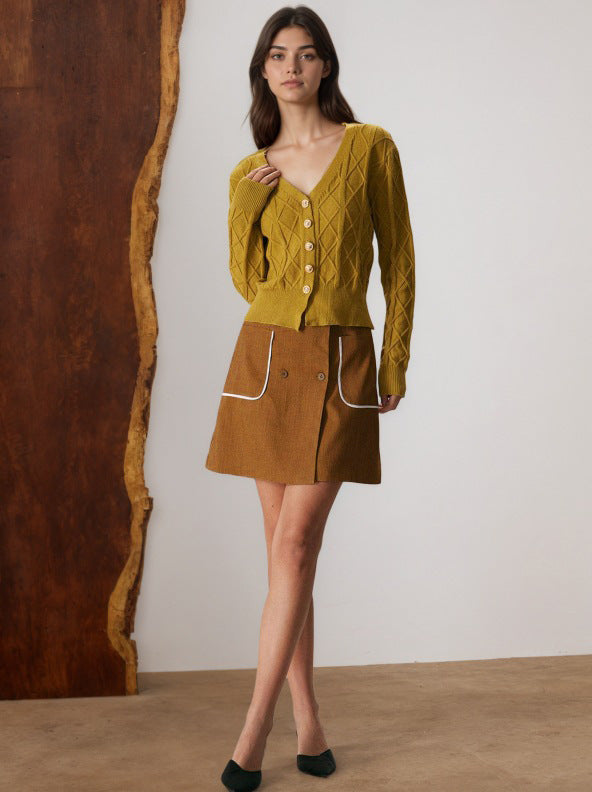 A-Line Mini Skirt with Double-Breasted Buttons and Piped Pockets