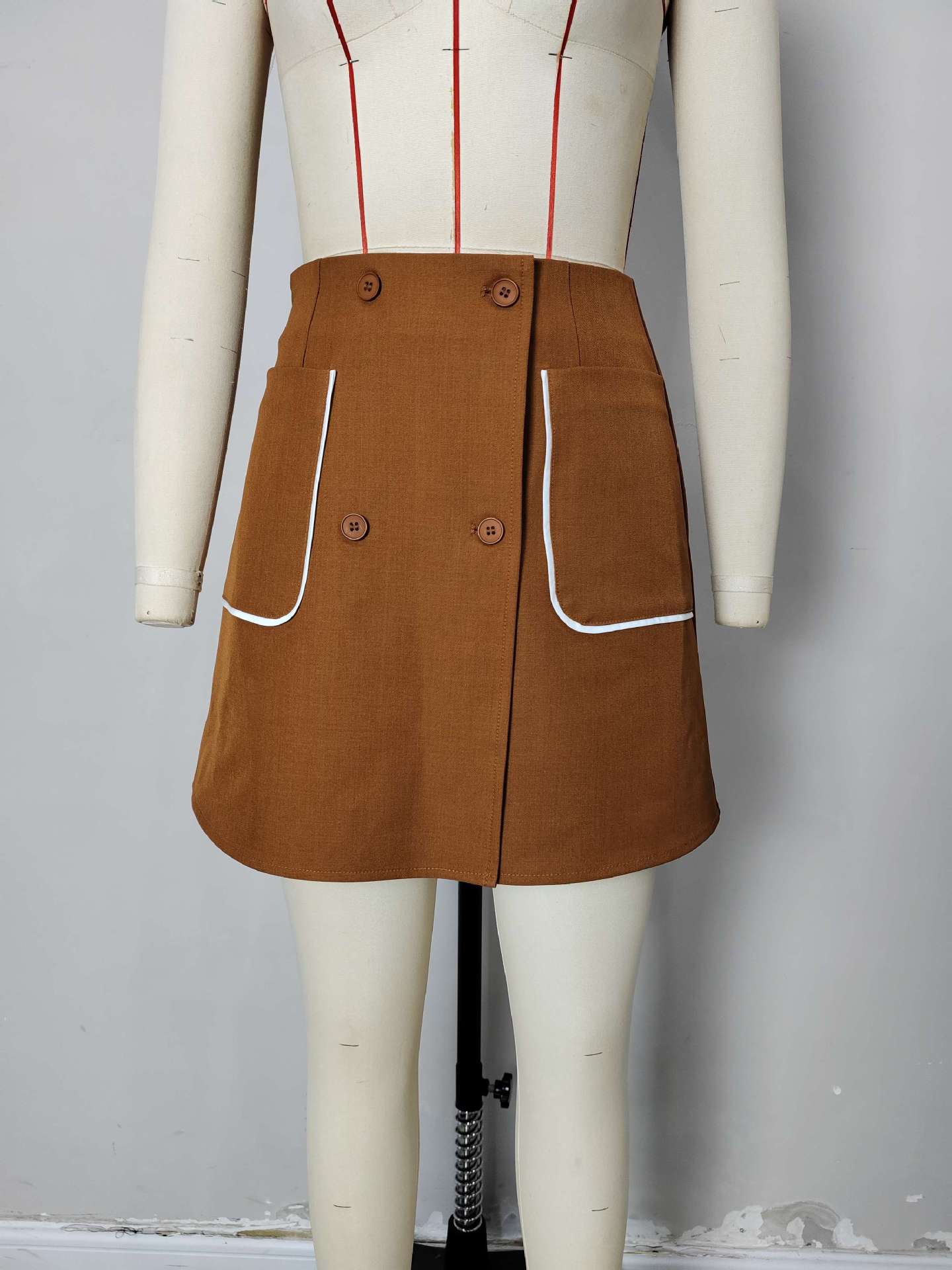 A-Line Mini Skirt with Double-Breasted Buttons and Piped Pockets