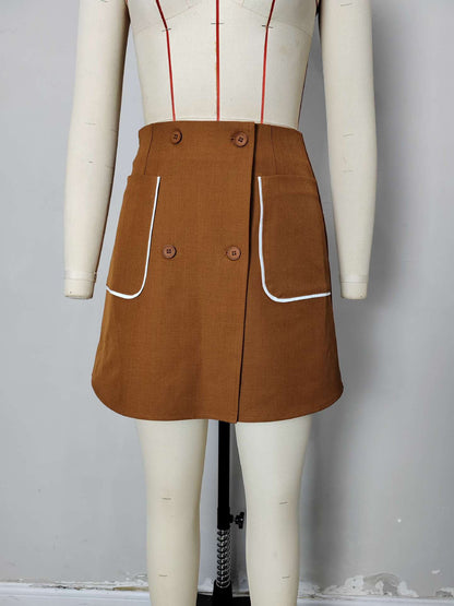 A-Line Mini Skirt with Double-Breasted Buttons and Piped Pockets