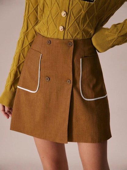 A-Line Mini Skirt with Double-Breasted Buttons and Piped Pockets