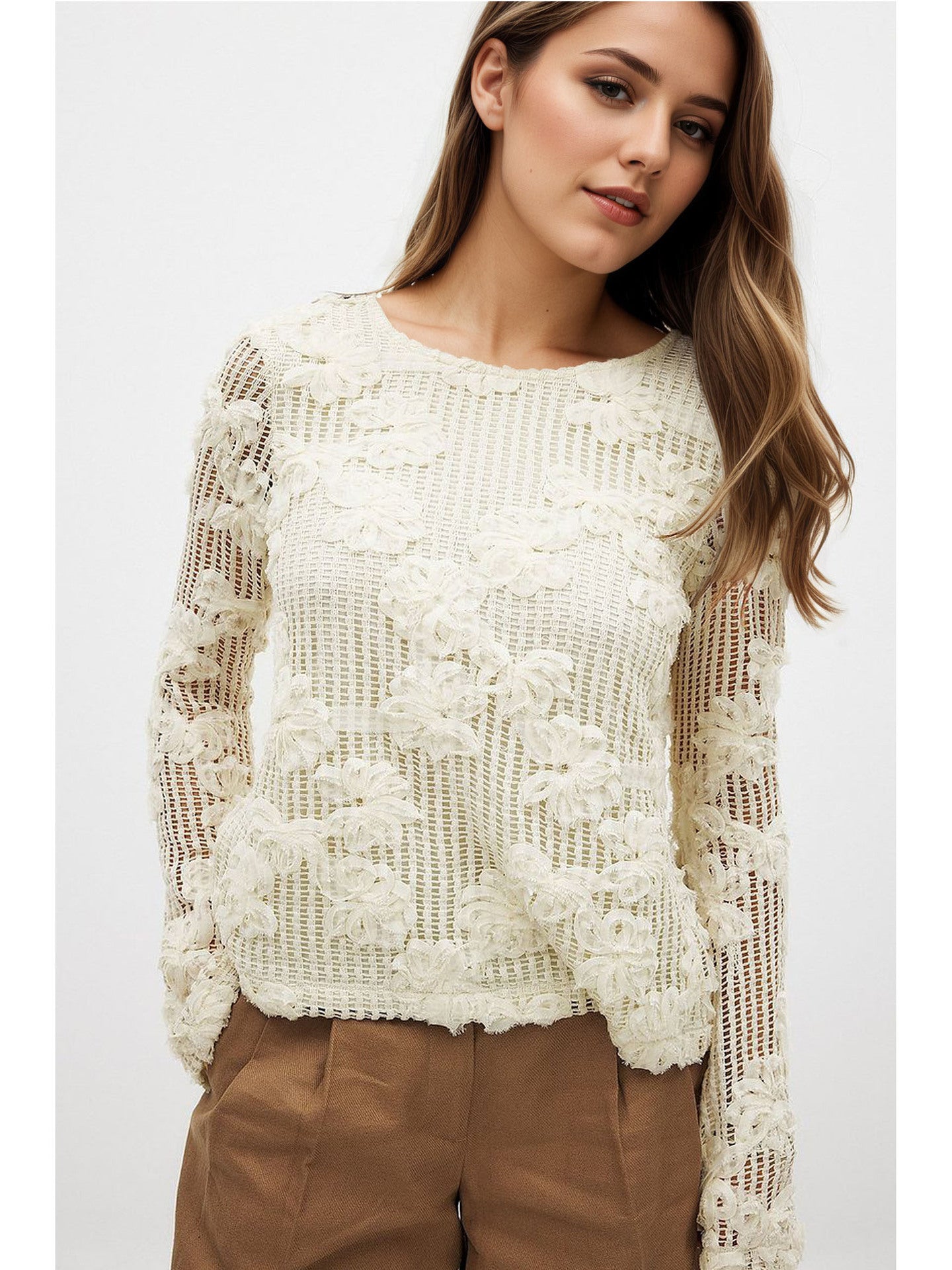 Slim Fit Open-Knit Top with 3D Floral Appliques