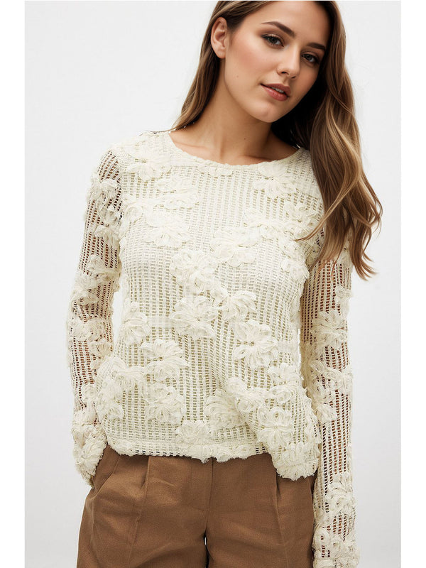 Slim Fit Open-Knit Top with 3D Floral Appliques