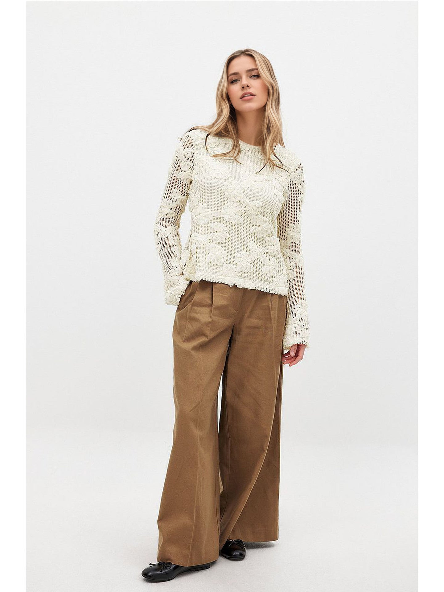 Slim Fit Open-Knit Top with 3D Floral Appliques