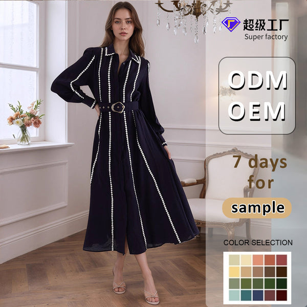 Trench Style Maxi Dress with Lapel Collar and Pearl Trim