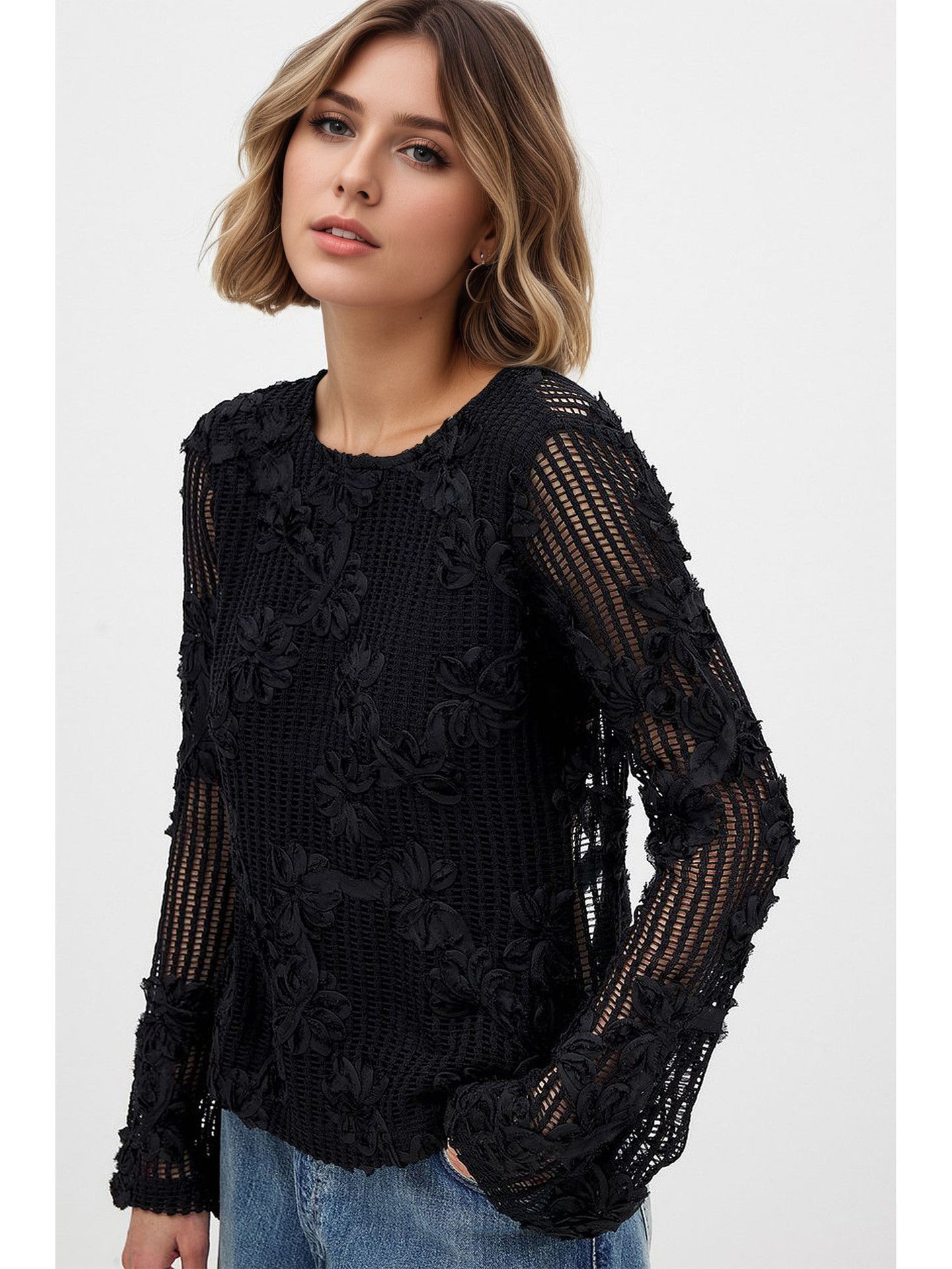 Slim Fit Open-Knit Top with 3D Floral Appliques