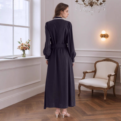 Trench Style Maxi Dress with Lapel Collar and Pearl Trim
