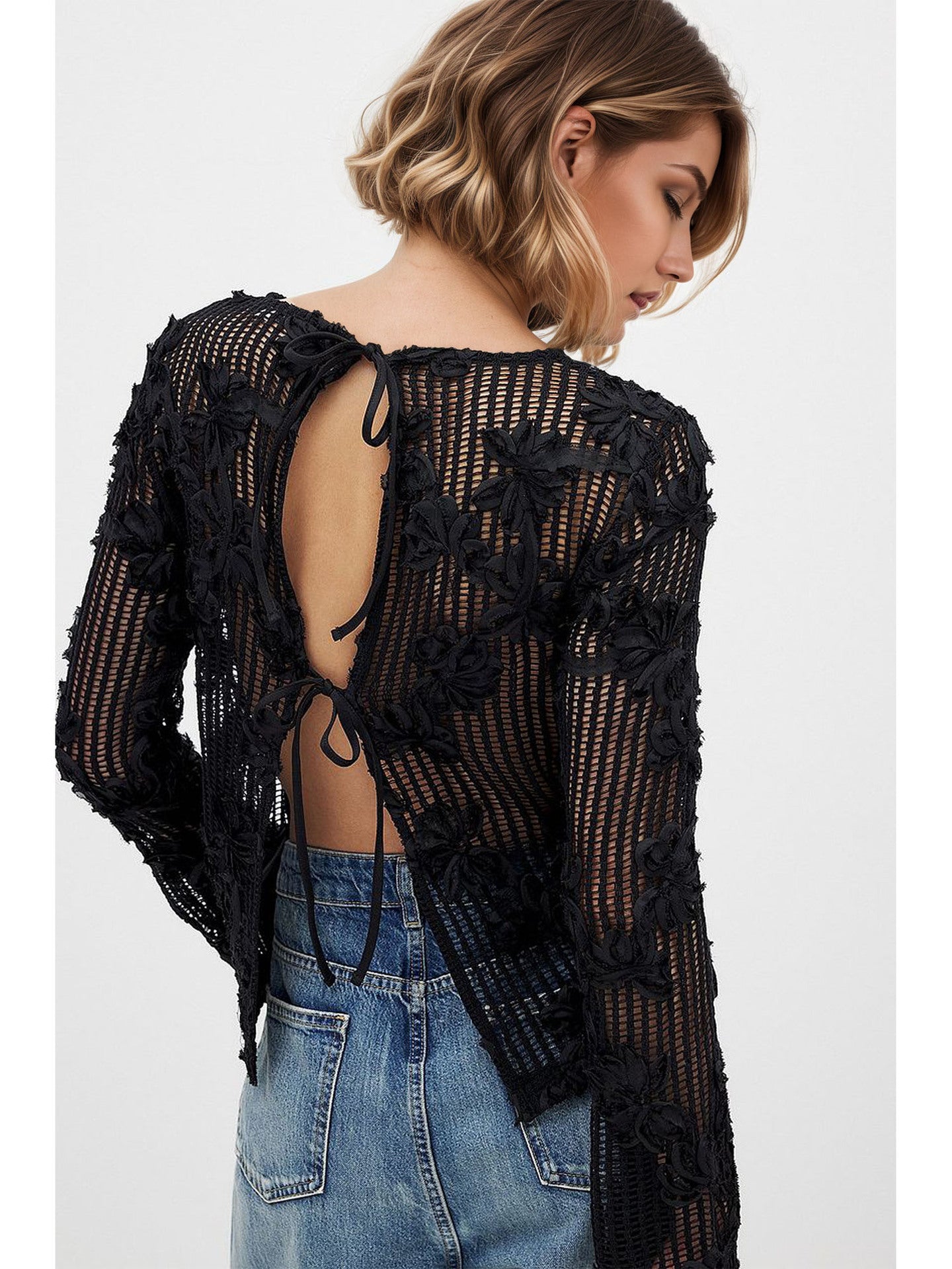 Slim Fit Open-Knit Top with 3D Floral Appliques