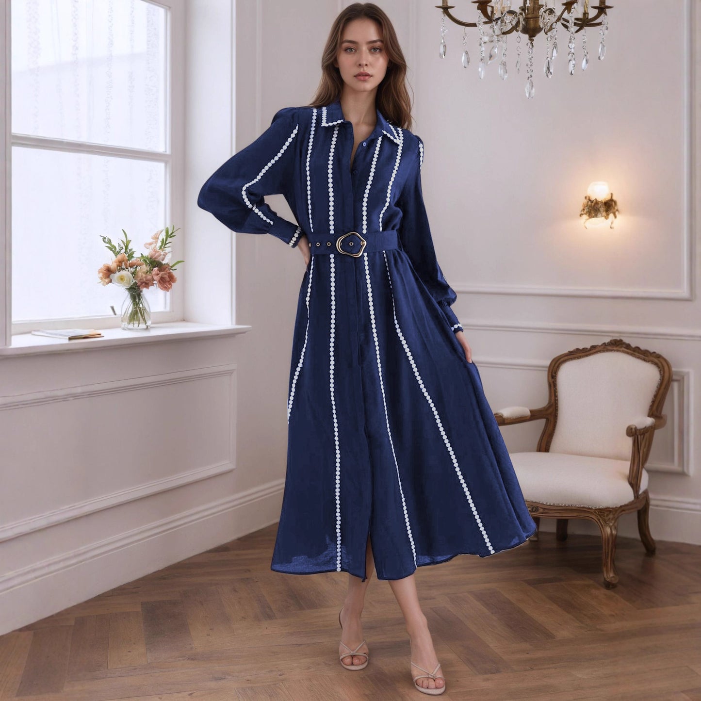 Trench Style Maxi Dress with Lapel Collar and Pearl Trim