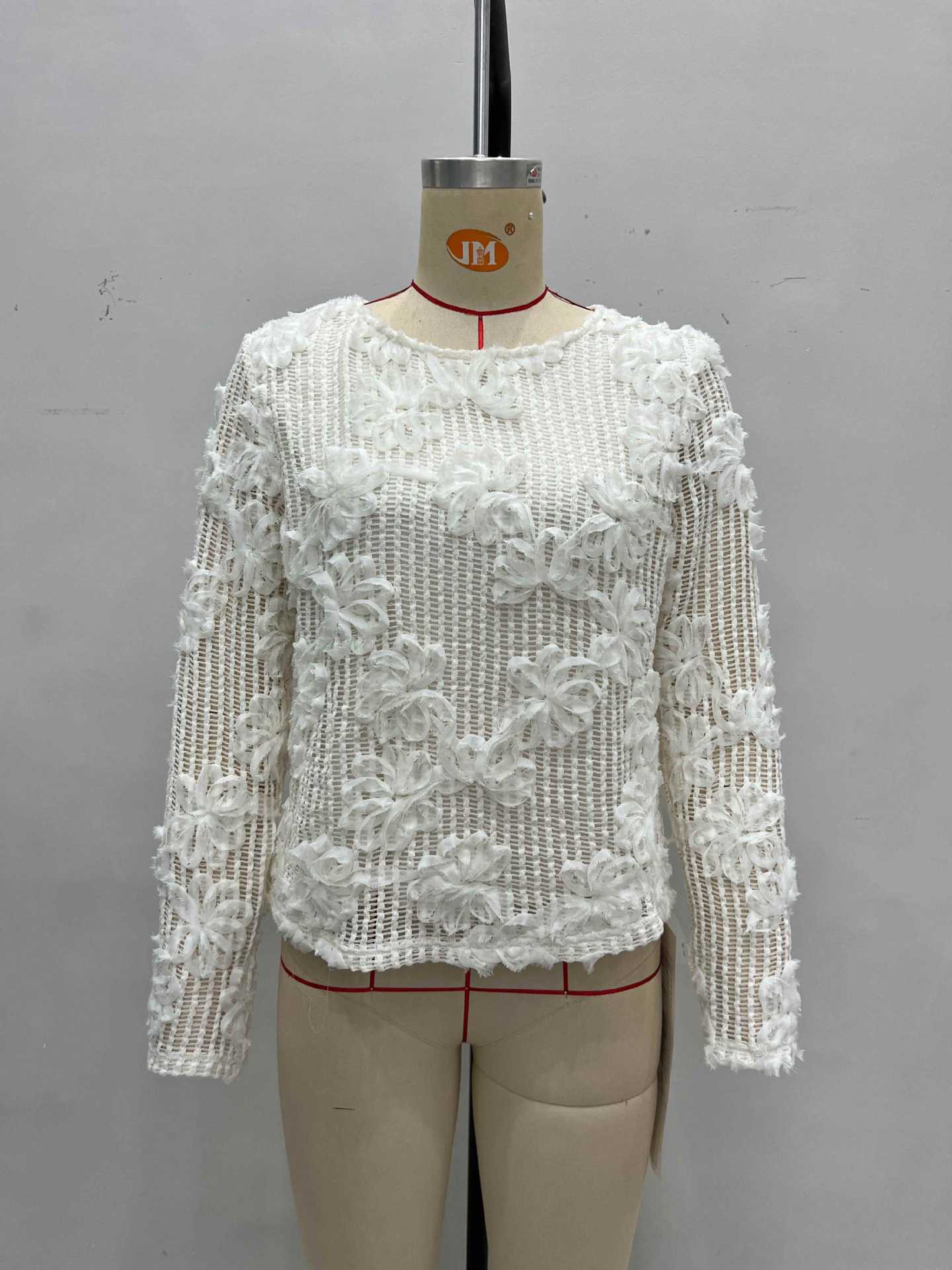 Slim Fit Open-Knit Top with 3D Floral Appliques