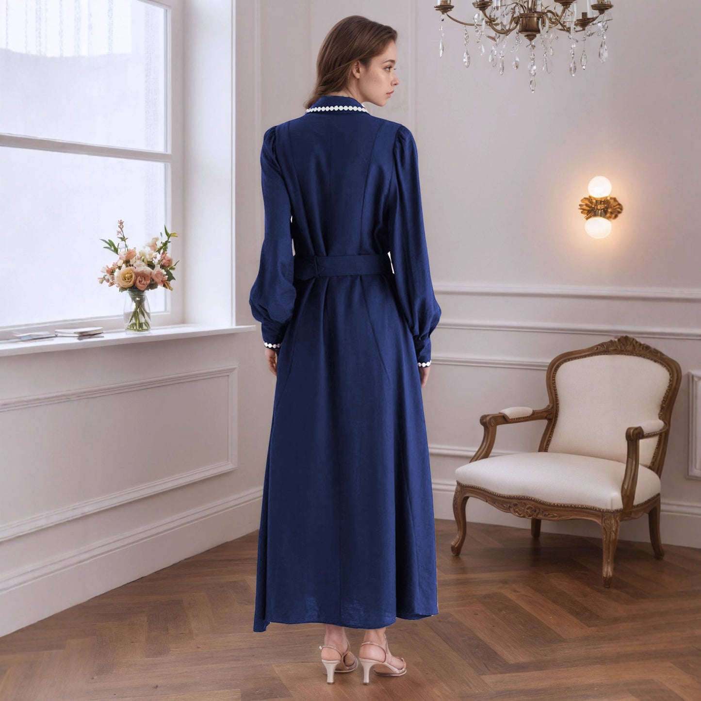 Trench Style Maxi Dress with Lapel Collar and Pearl Trim