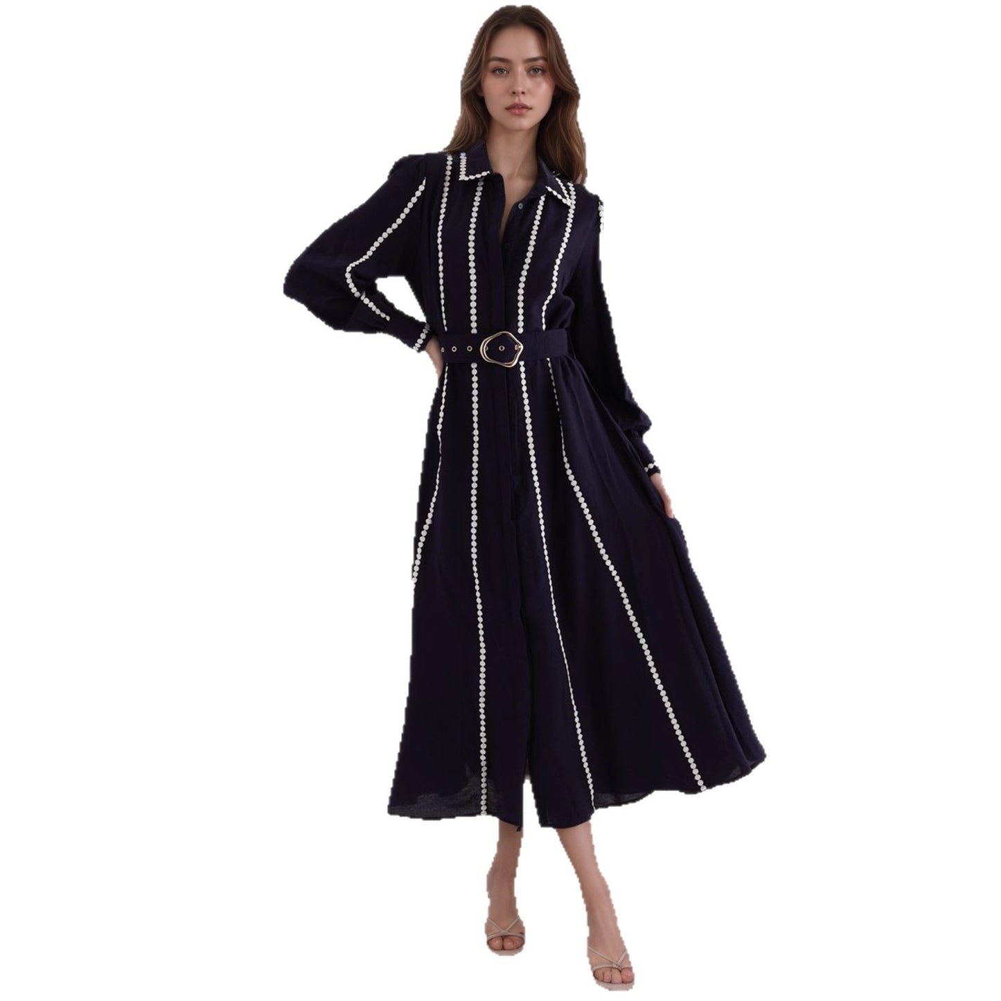 Trench Style Maxi Dress with Lapel Collar and Pearl Trim