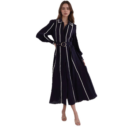 Trench Style Maxi Dress with Lapel Collar and Pearl Trim