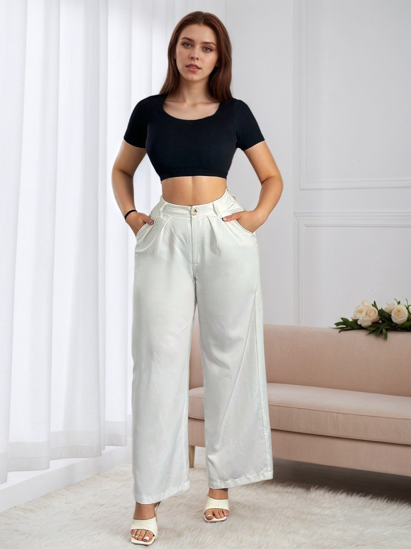 High-Waist Wide-Leg Pants with Drape Fabric