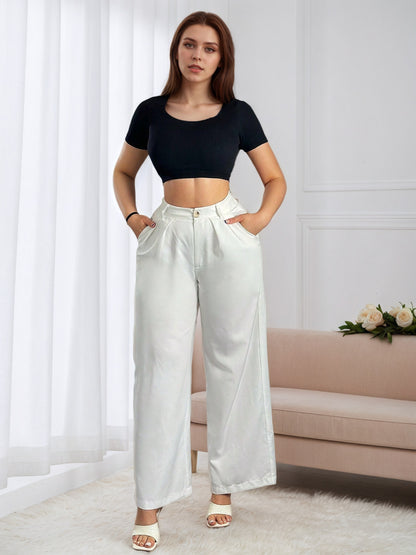 High-Waist Wide-Leg Pants with Drape Fabric
