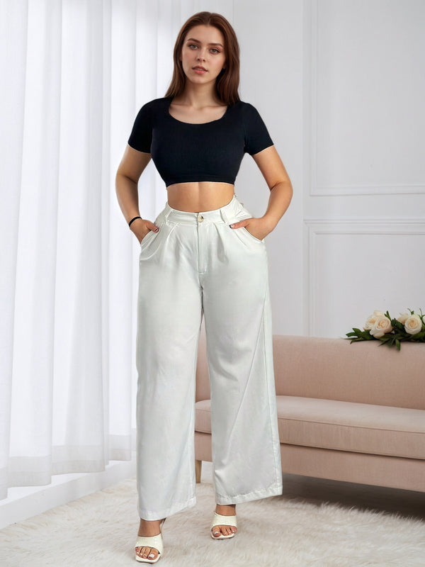 High-Waist Wide-Leg Pants with Drape Fabric