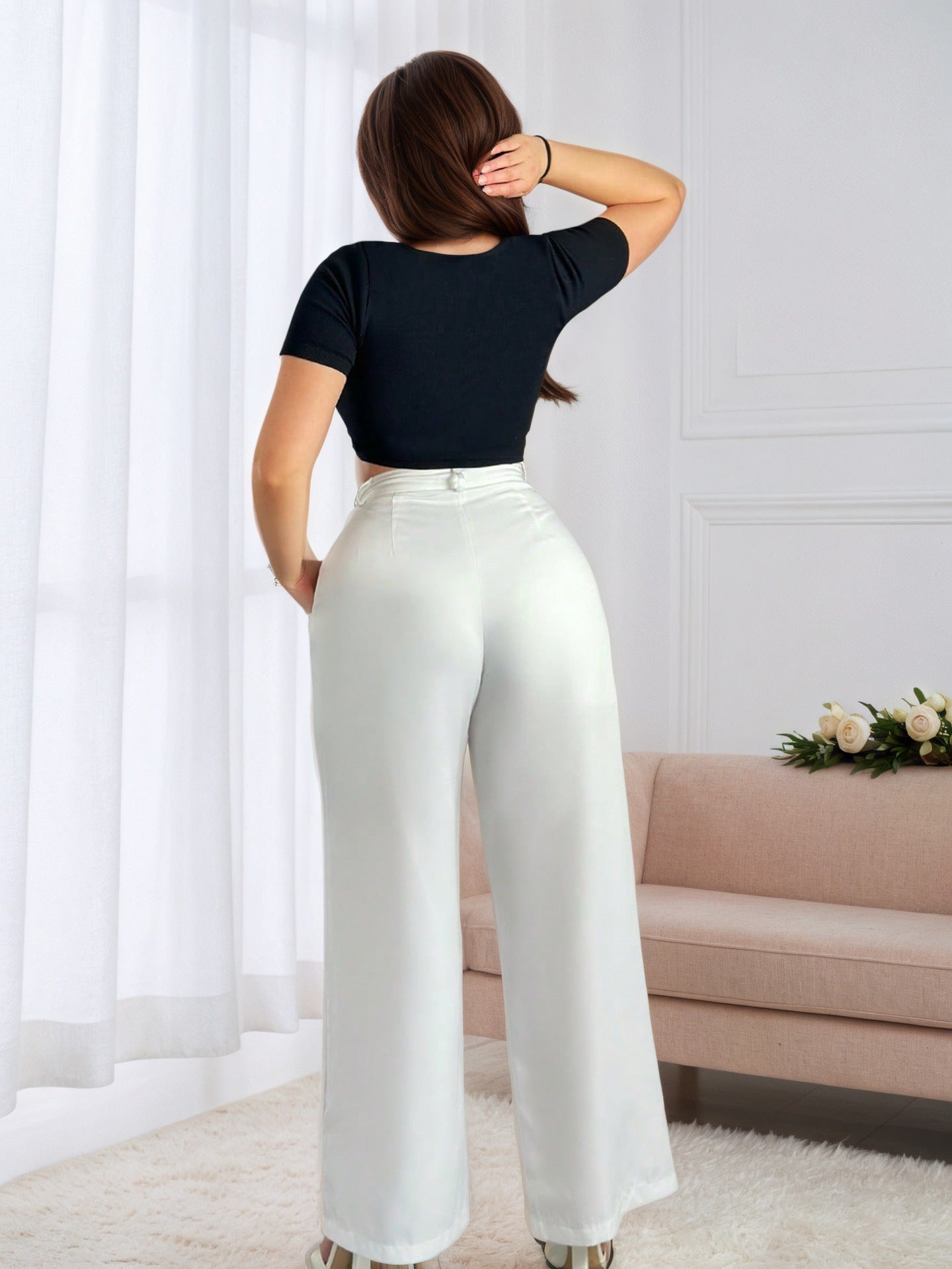 High-Waist Wide-Leg Pants with Drape Fabric