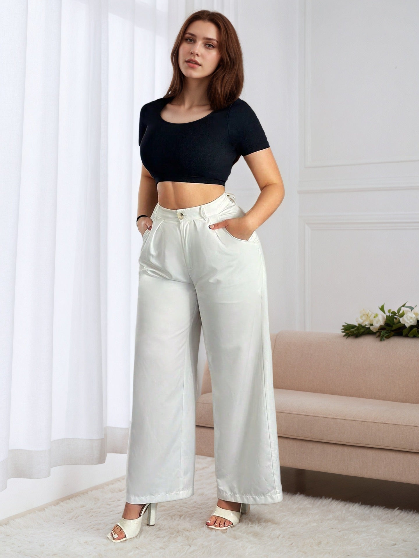 High-Waist Wide-Leg Pants with Drape Fabric