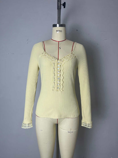 Slim Fit Ribbed Knit Top with Lace Trim and Button Placket