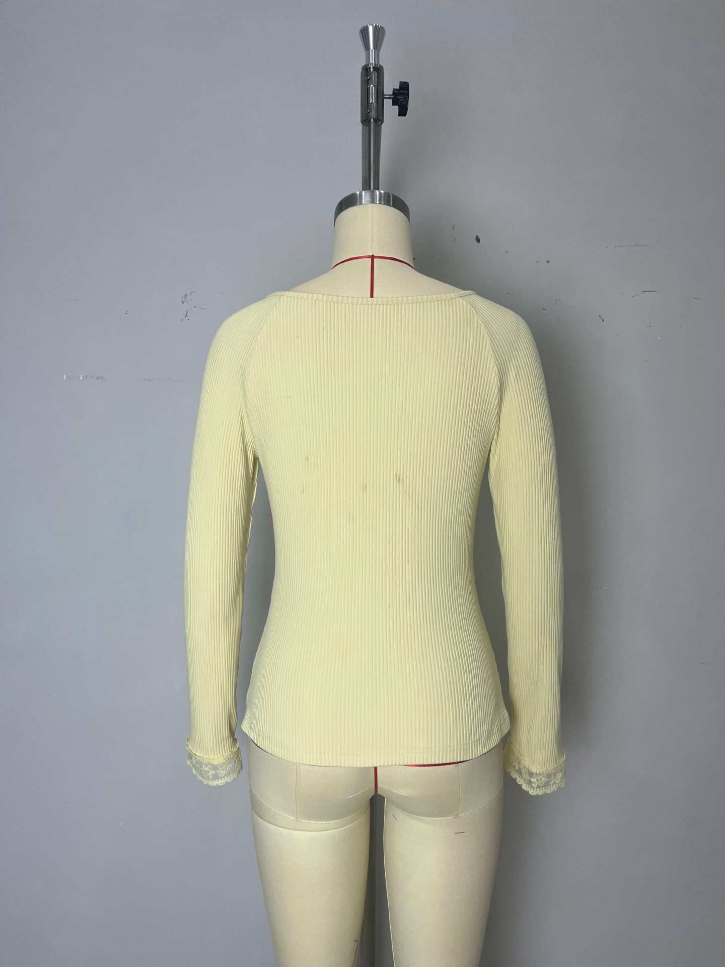 Slim Fit Ribbed Knit Top with Lace Trim and Button Placket