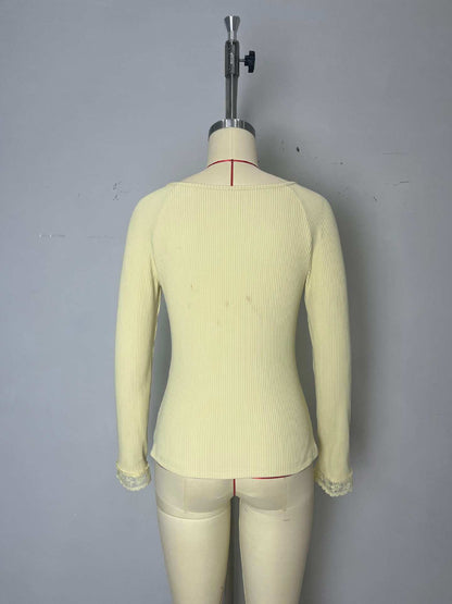 Slim Fit Ribbed Knit Top with Lace Trim and Button Placket