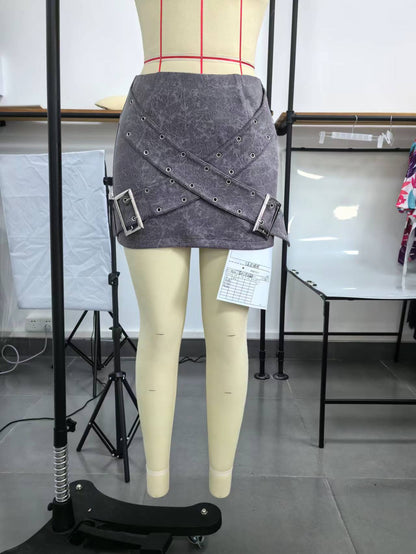 Distressed Bodycon Mini Skirt with Cross Belt and Buckles
