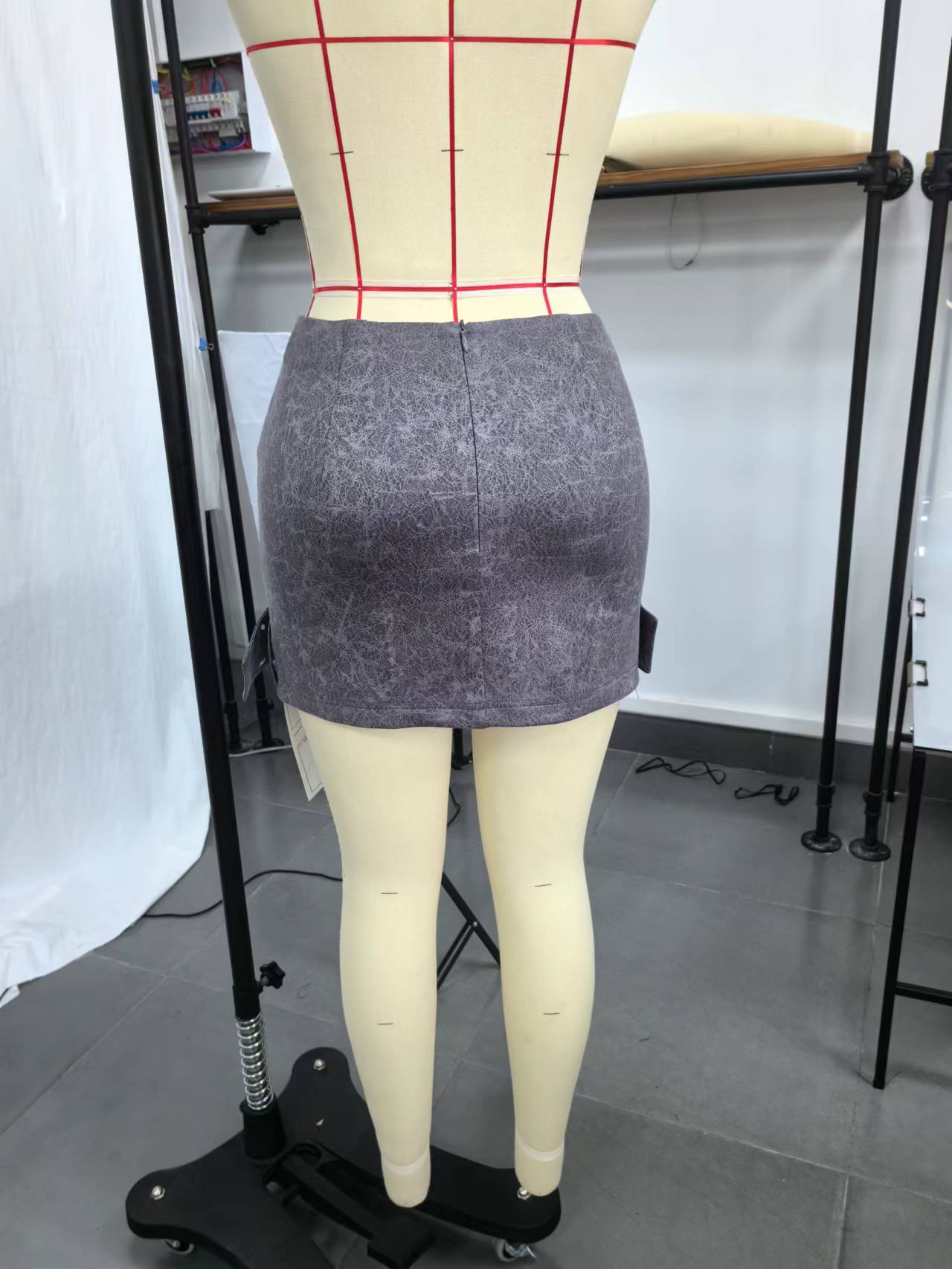 Distressed Bodycon Mini Skirt with Cross Belt and Buckles