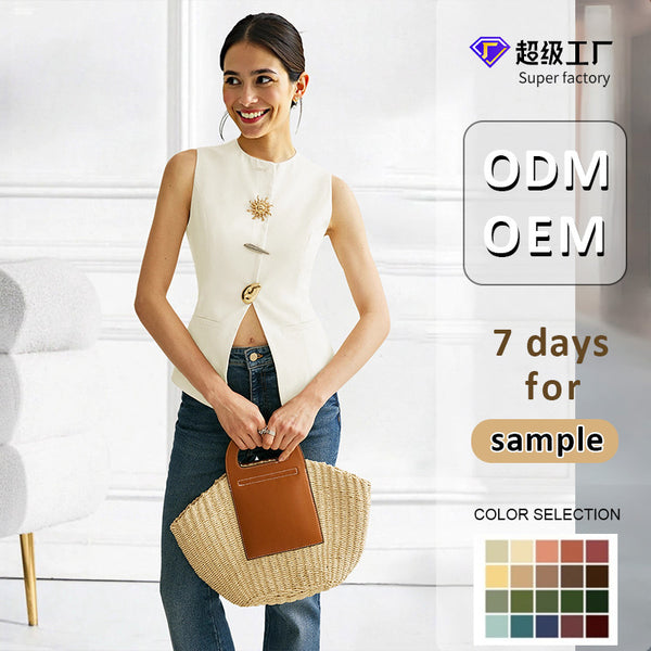 Slim Fit Woven Vest with Gold Buttons and Collarless Round Neck