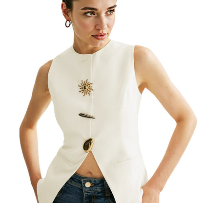 Slim Fit Woven Vest with Gold Buttons and Collarless Round Neck