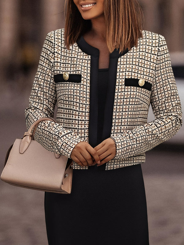 Tweed Plaid Cropped Jacket with Round Neck and Gold Buttons