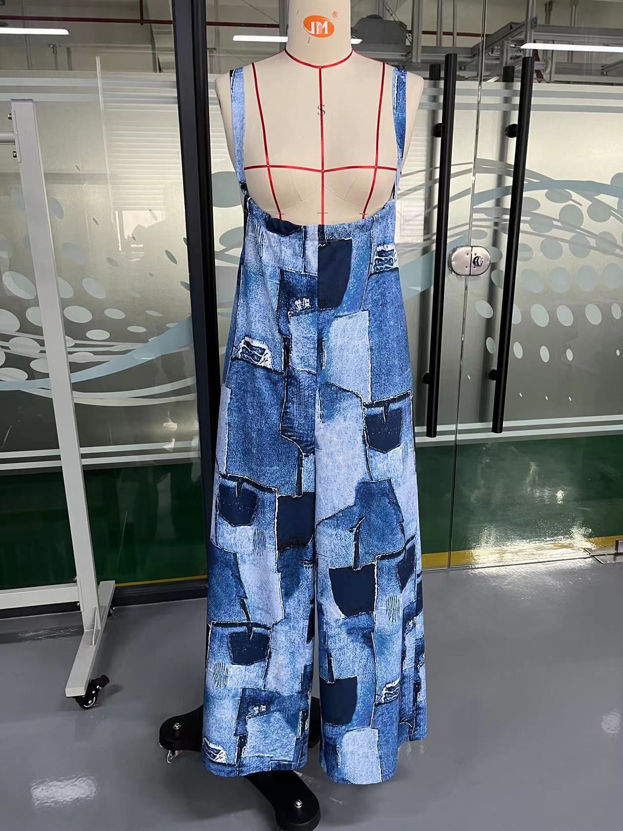 Patchwork Print Wide-Leg Jumpsuit with Straps